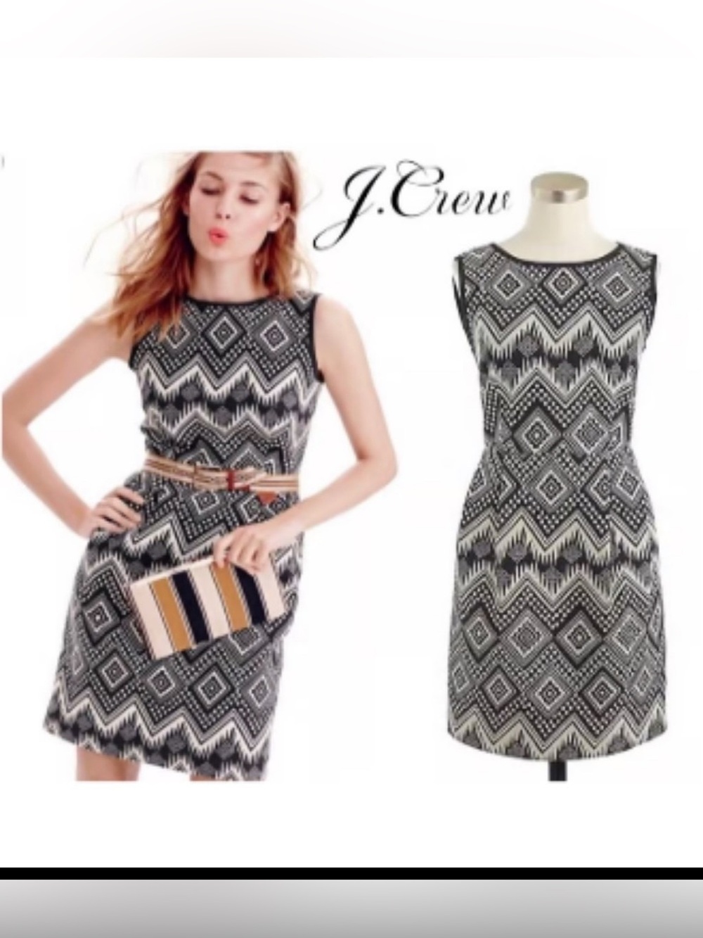 NWT J.CREW MINI Westercore Aztec Print Sleeveless Sheath Black Cream size 8